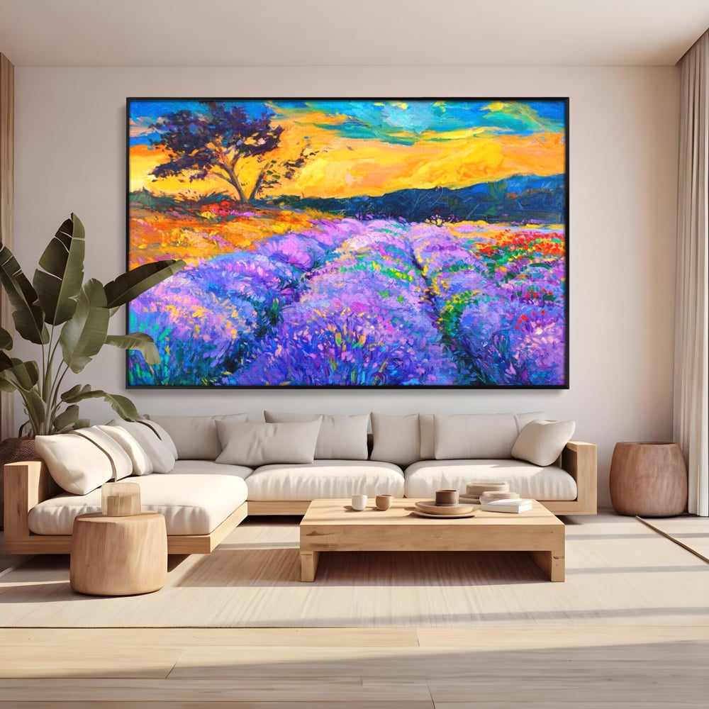 Tablou canvas cu pictura camp de lavanda la apus, in rama de aluminiu negru, pe perete intr-un living